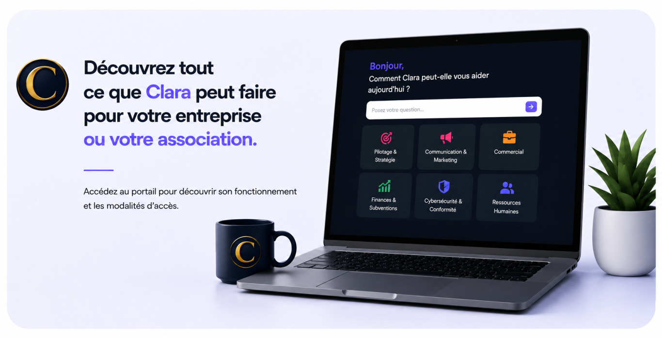 « Clara est une intelligence artificielle professionnelle conçue pour accompagner les entreprises et associations dans le pilotage, la stratégie, la communication, le développement commercial, les finances, les subventions, la cybersécurité, la conformité et les ressources humaines. » Clara, intelligence artificielle pour entreprises et associations : pilotage, stratégie, communication, marketing, commercial, finances, sub