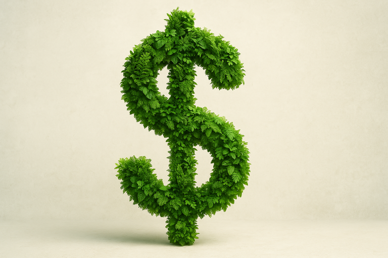 Symbole du dollar constitué de feuillage vert.