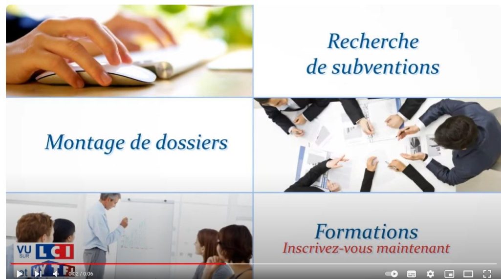 Texte sur un fond blanc : "Recherche de subventions", "Montage de dossiers", "Formations".