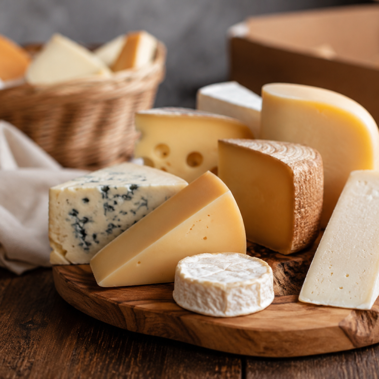 Assortiment de fromages variés sur une planche en bois.