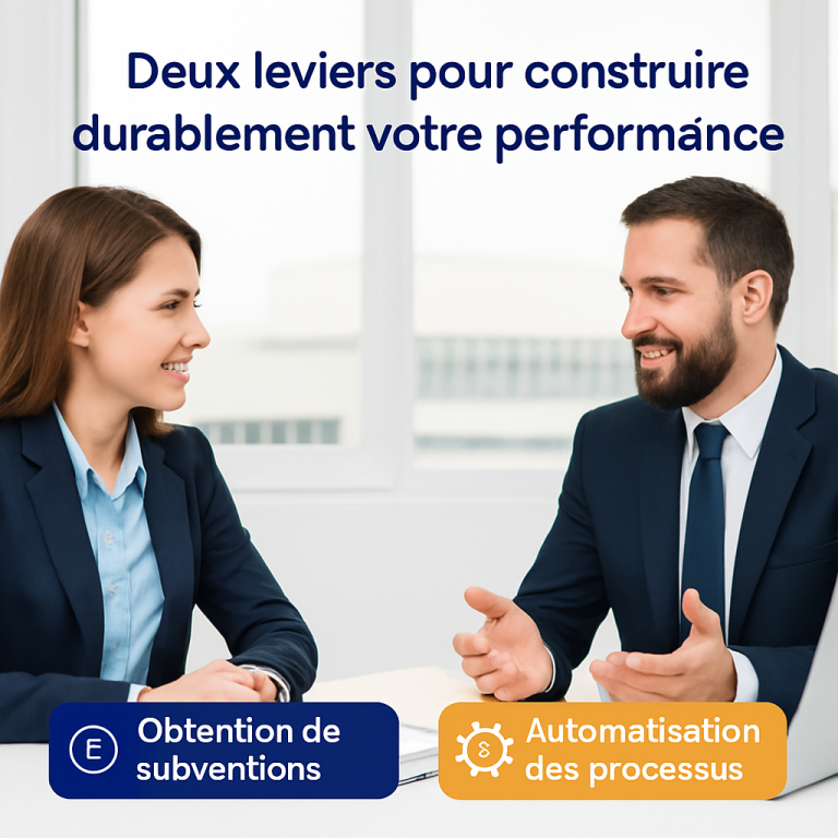 Deux personnes discutent de l'obtention de subventions et de l'automatisation des processus.